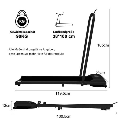 Passadeira 2 em 1 - velocidade 1-6 kmh, com controlo remoto, ecrã LED, altifalantes Bluetooth, suporte para telemóvel, dobrável, sem montagem - Preto