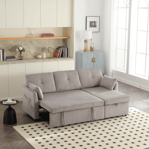 Sofá-cama multifuncional de 3 lugares - Sofá seccional com arrumação e cama extraível - Cinza claro