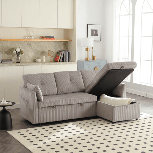 Sofá-cama multifuncional de 3 lugares - Sofá seccional com arrumação e cama extraível - Cinza claro