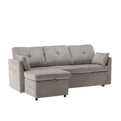 Sofá-cama multifuncional de 3 lugares - Sofá seccional com arrumação e cama extraível - Cinza claro