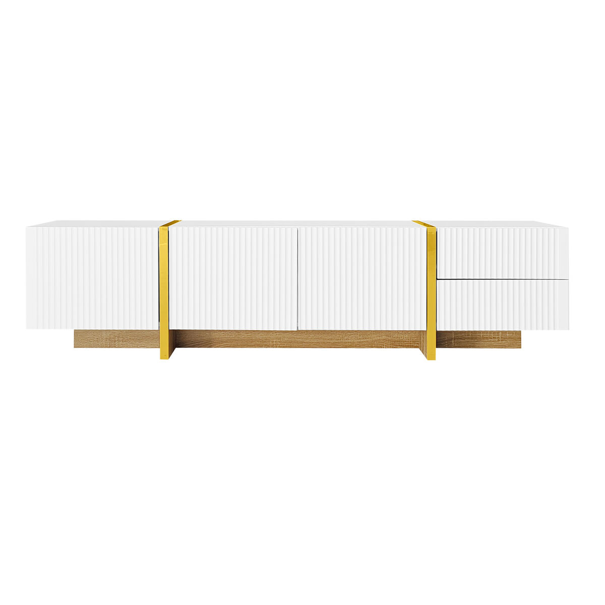 mueble tv 190 cm - 3 puertas 2 cajones - blanco con dorado y madera