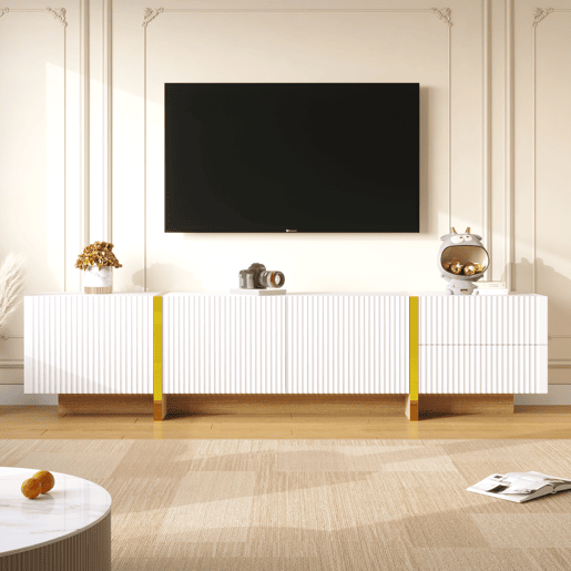 Móvel de TV 190 cm - 3 portas, 2 gavetas - Branco com dourado e madeira