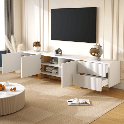 Móvel de TV 190 cm - 3 portas, 2 gavetas - Branco com dourado e madeira
