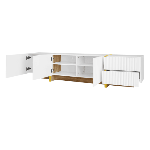 Móvel de TV 190 cm - 3 portas, 2 gavetas - Branco com dourado e madeira