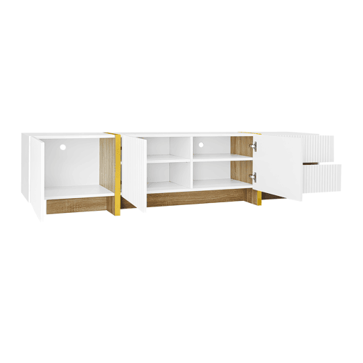 Móvel de TV 190 cm - 3 portas, 2 gavetas - Branco com dourado e madeira