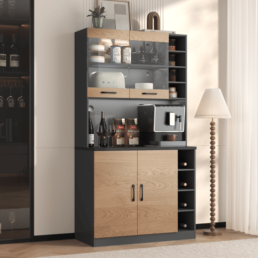 Armário de cozinha 100x47x187 cm - Buffet com iluminação ambiente LED, orifícios para cabos, prateleiras ajustáveis - Natural+Cinza