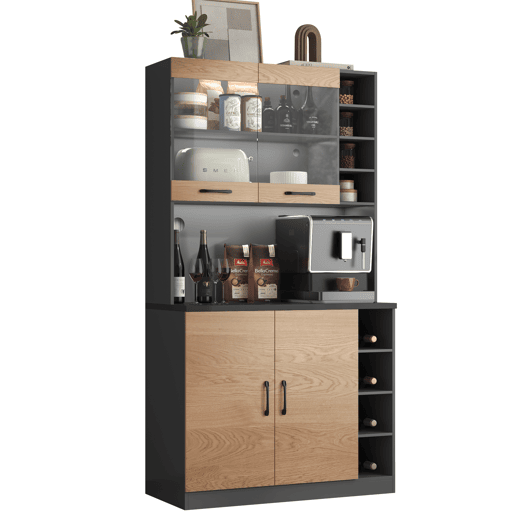 Armário de cozinha 100x47x187 cm - Buffet com iluminação ambiente LED, orifícios para cabos, prateleiras ajustáveis - Natural+Cinza
