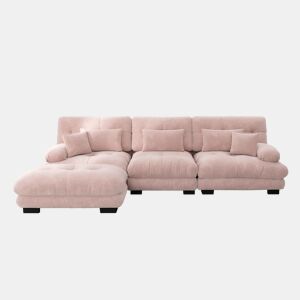 Sofá de canto modular grande - Sofá Cloud em forma de L para sala de estar, sofá-cama profundo com otomano, veludo cotelê, chenille rosa