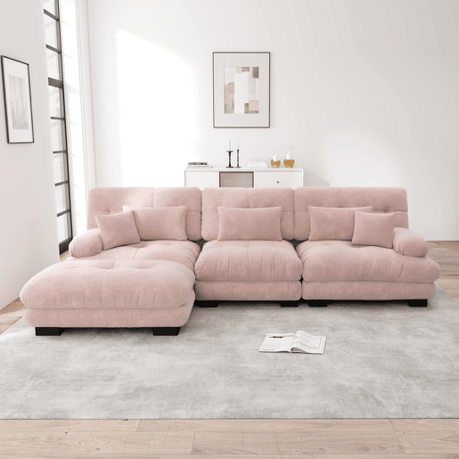 Sofá de canto modular grande - Sofá Cloud em forma de L para sala de estar, sofá-cama profundo com otomano, veludo cotelê, chenille rosa