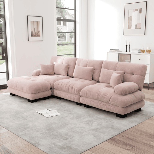 Sofá de canto modular grande - Sofá Cloud em forma de L para sala de estar, sofá-cama profundo com otomano, veludo cotelê, chenille rosa