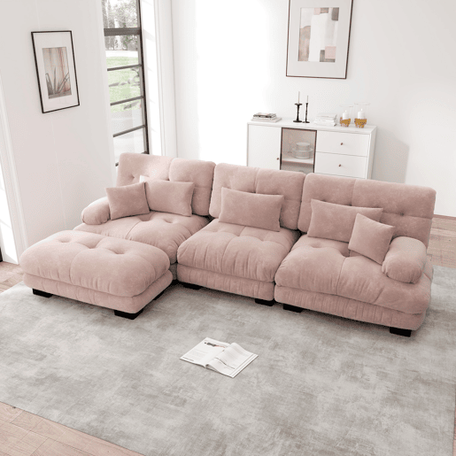 Sofá de canto modular grande - Sofá Cloud em forma de L para sala de estar, sofá-cama profundo com otomano, veludo cotelê, chenille rosa