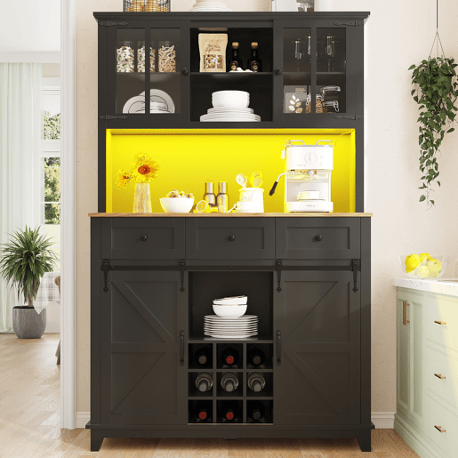 Armário de cozinha 105x38,4x180 cm - Vitrina com prateleiras ajustáveis, aparador com iluminação LED, cores de luz variáveis - Preto