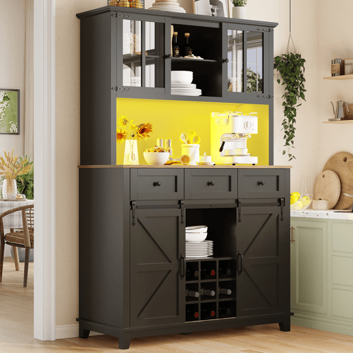 Armário de cozinha 105x38,4x180 cm - Vitrina com prateleiras ajustáveis, aparador com iluminação LED, cores de luz variáveis - Preto
