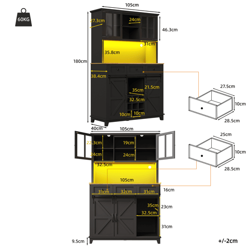 Armário de cozinha 105x38,4x180 cm - Vitrina com prateleiras ajustáveis, aparador com iluminação LED, cores de luz variáveis - Preto