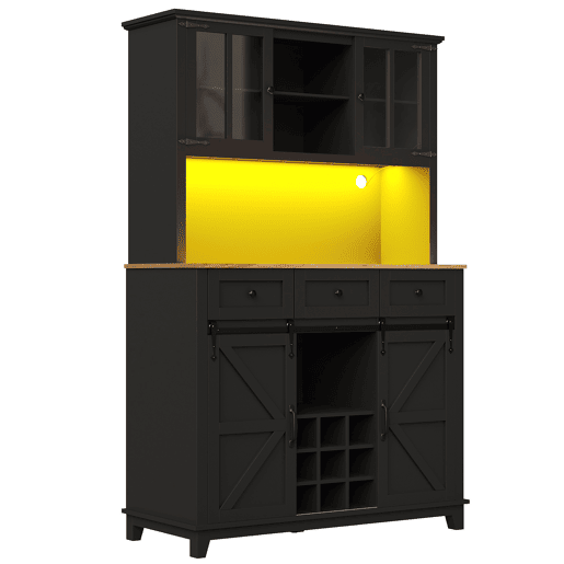 Armário de cozinha 105x38,4x180 cm - Vitrina com prateleiras ajustáveis, aparador com iluminação LED, cores de luz variáveis - Preto