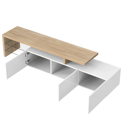 Móvel de TV 160 cm - Design moderno, elegante, arrumação prática, branco brilhante, efeito madeira, prateleiras de vidro, iluminação LED - Branco