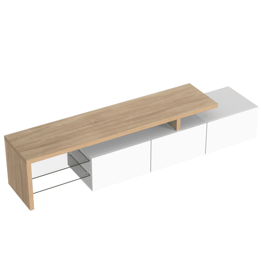 Móvel de TV 160 cm - Design moderno, elegante, arrumação prática, branco brilhante, efeito madeira, prateleiras de vidro, iluminação LED - Branco
