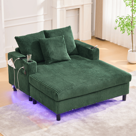 Poltrona chaise longue grande - Com apoio para bebidas, portas USB, iluminação LED ambiente - Verde
