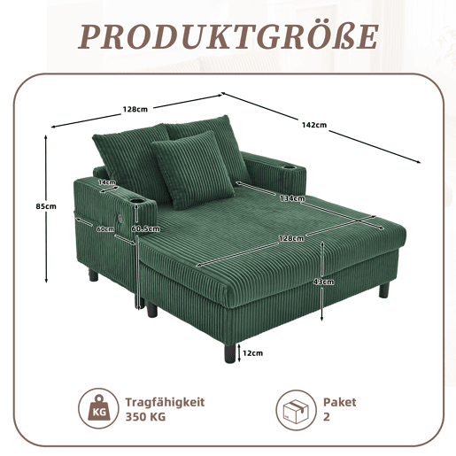 Poltrona chaise longue grande - Com apoio para bebidas, portas USB, iluminação LED ambiente - Verde