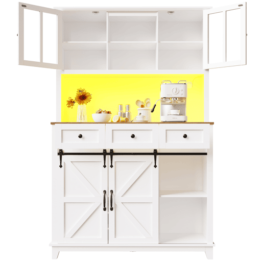 Armário de cozinha 105x38,4x180 cm - Aparador alto, vitrina, prateleiras ajustáveis, com iluminação LED - Branco