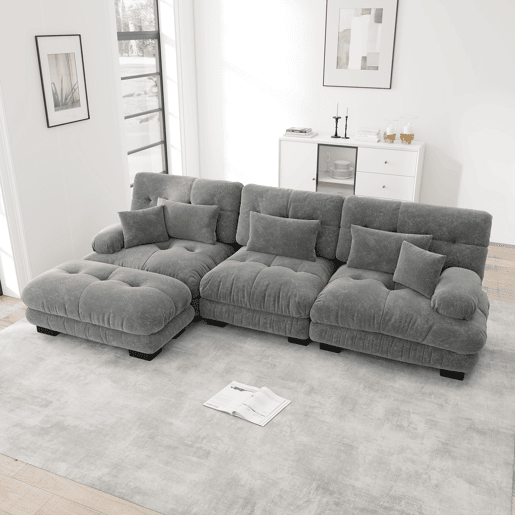 Sofá modular l - Sofá profundo com otomano, sofá-cama de chenille, cordão, cinza