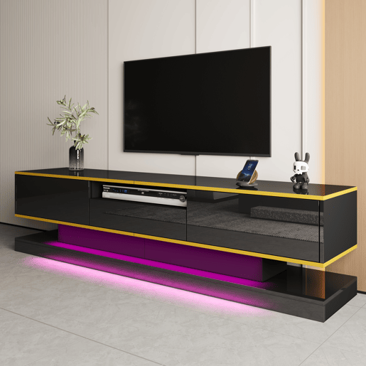 Móvel de TV moderno 180 cm - Três gavetas e um compartimento aberto - Alto brilho com luzes LED que mudam de cor Móvel de TV moderno 180 cm - Três gavetas e um compartimento aberto - Alto brilho com luzes LED que mudam de cor