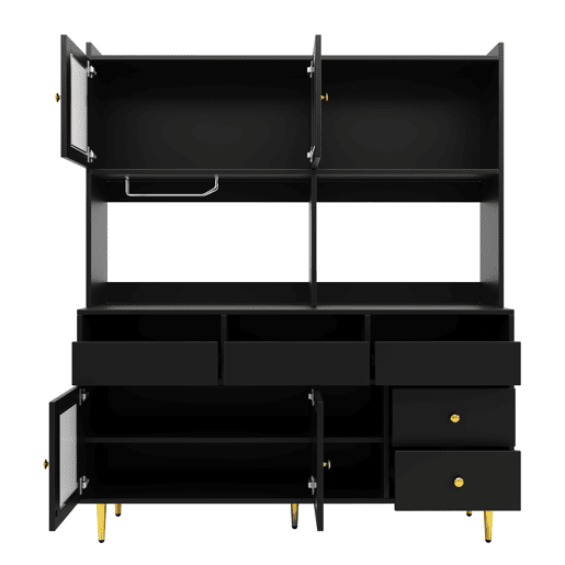 Armário de sala de jantar 145x39x171 cm - Portas de vidro Changhong, prateleira para copos de vinho, armazenamento em camadas - Preto