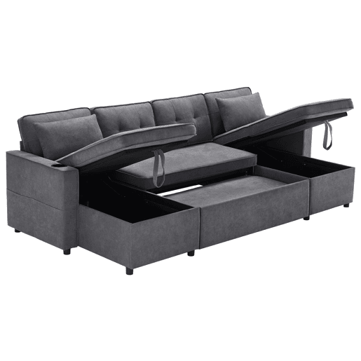 Sofá-cama em forma de U - Com função de cama, com porta-copos, arrumação, adequado para famílias - Cinza