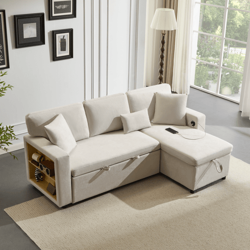 Sofá de canto L - Cama extensível com baú e prateleira integrada - Bege Sofá de canto L - Cama extensível com baú e prateleira integrada - Bege