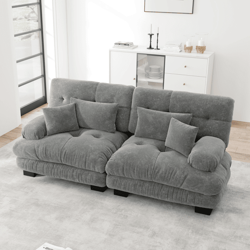 Sofá Cloud 2 lugares - Chenille com 2 almofadas lombares e 2 almofadas decorativas - Cinza