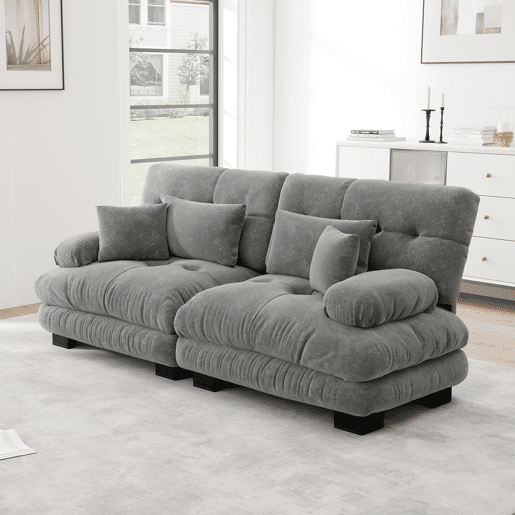 Sofá Cloud 2 lugares - Chenille com 2 almofadas lombares e 2 almofadas decorativas - Cinza