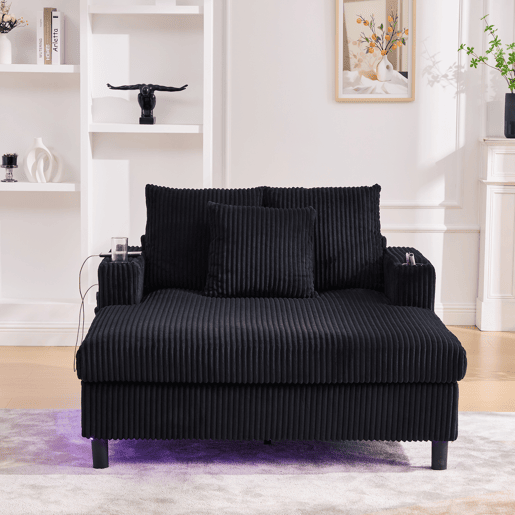 Poltrona chaise longue grande - com porta-copos laterais, portas USB, iluminação LED ambiente - Preto