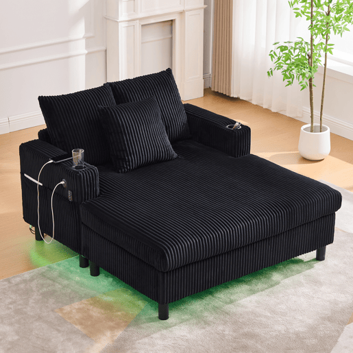 Poltrona chaise longue grande - com porta-copos laterais, portas USB, iluminação LED ambiente - Preto
