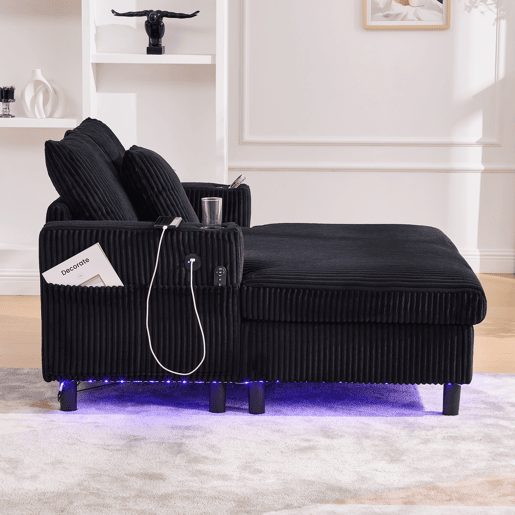 Poltrona chaise longue grande - com porta-copos laterais, portas USB, iluminação LED ambiente - Preto