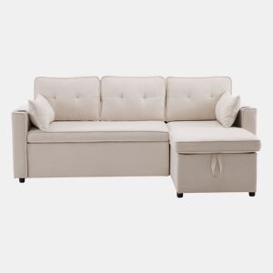 Sofá-cama em forma de L - design moderno, com arrumação e porta-copos - Bege