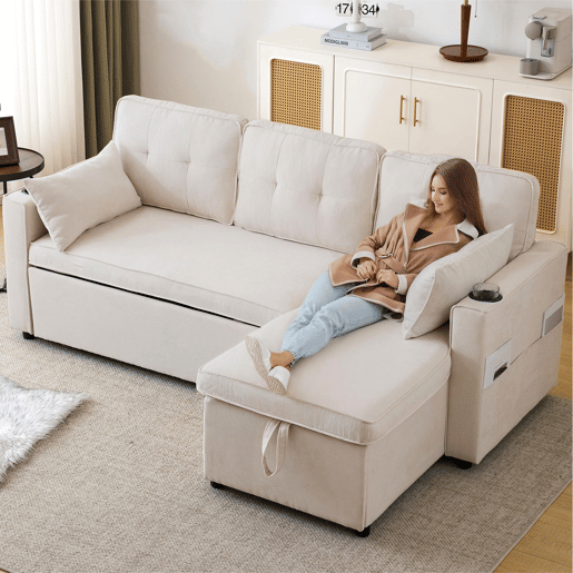 Sofá-cama em forma de L - design moderno, com arrumação e porta-copos - Bege