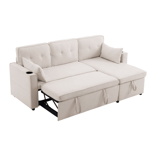 Sofá-cama em forma de L - design moderno, com arrumação e porta-copos - Bege