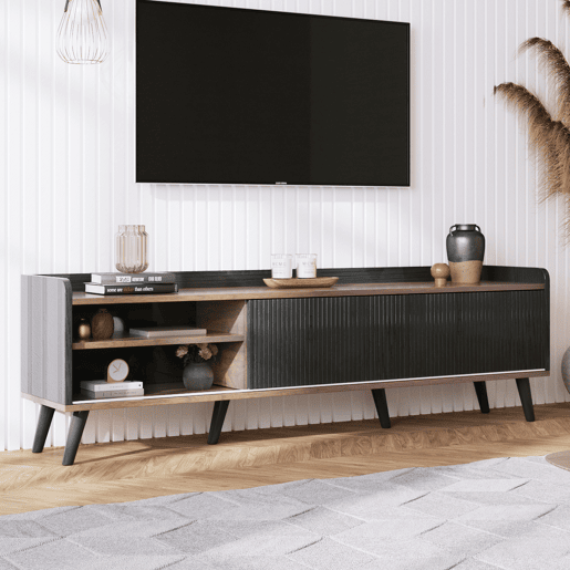 Móvel de TV 160 cm - Com 2 gavetas, 2 portas de correr, design elegante - Preto