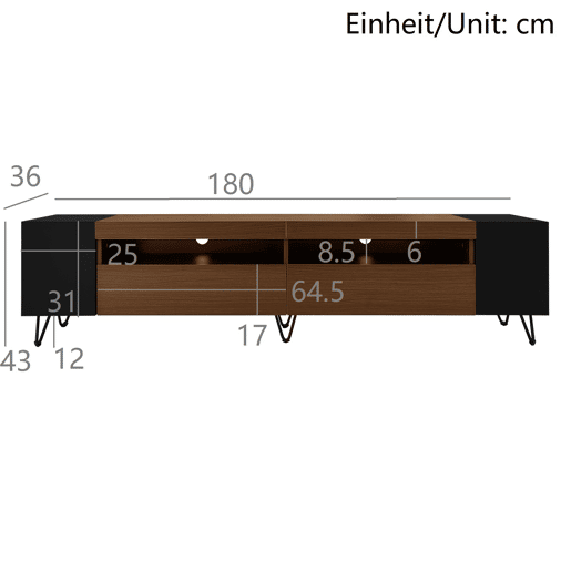 Móvel de TV moderno 180 cm - Design preto e madeira - Preto, Madeira