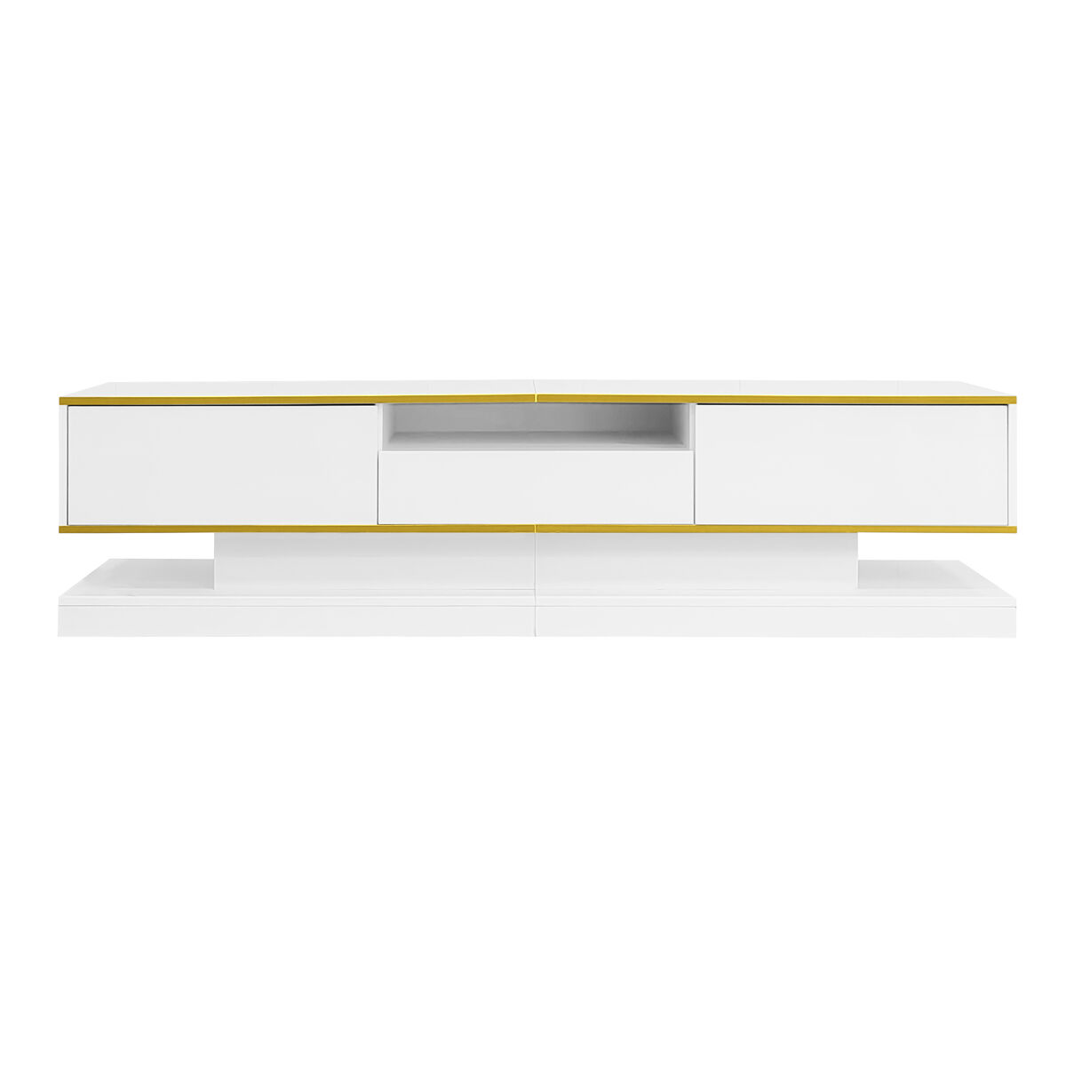 mueble tv moderno 180 cm - tres cajones un compartimento abierto acabado alto brillo con luces led de cambio de color - oro blanco