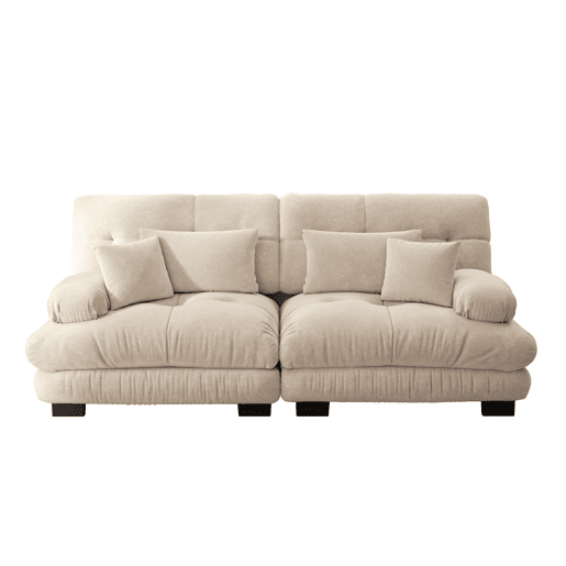 Sofá de canto Cloud - Chenille, 2 almofadas lombares e 2 almofadas decorativas, estrutura em madeira maciça - Castanho claro
