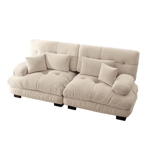 Sofá de canto Cloud - Chenille, 2 almofadas lombares e 2 almofadas decorativas, estrutura em madeira maciça - Castanho claro