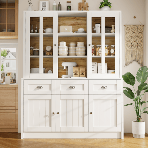 Armário alto 140x38,5x175 cm - Vitrine, armário de cozinha e sala de jantar com gavetas, estilo moderno minimalista - Branco