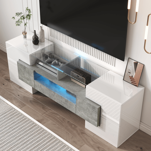 Móvel de TV 145 cm - Design moderno, superfície de vidro elegante, iluminação LED - Branco