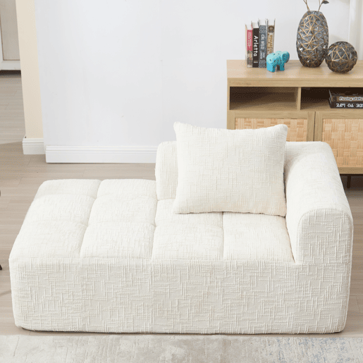 Sofá chaise longue confortável - sem montagem, macio com almofadas, bolsos laterais para comando remoto e telemóvel - Bege