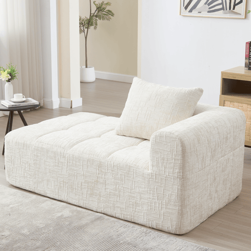 Sofá chaise longue confortável - sem montagem, macio com almofadas, bolsos laterais para comando remoto e telemóvel - Bege