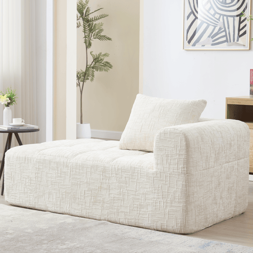 Sofá chaise longue confortável - sem montagem, macio com almofadas, bolsos laterais para comando remoto e telemóvel - Bege