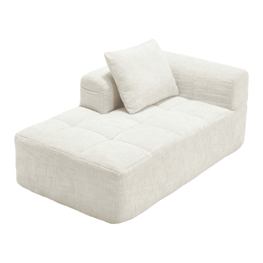 Sofá chaise longue confortável - sem montagem, macio com almofadas, bolsos laterais para comando remoto e telemóvel - Bege