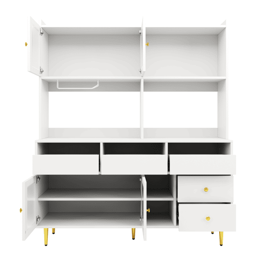 Armário de sala de jantar moderno 145x39x171 cm - Portas de vidro Chambray, prateleira para copos de vinho, armazenamento em camadas - Branco