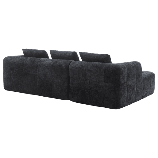 Sofá seccional moderno, sofá em L, sofá de 3 lugares, sem necessidade de montagem, sofá de chenille com chaise longue e apoio de braços, 3 almofadas, bolso lateral para controlo remoto, preto